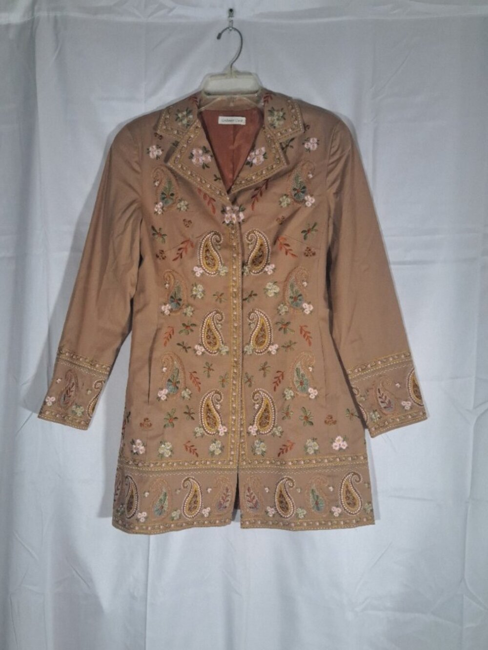 Coldwater Creek Embroidered Paisley Longline Jacket Tan Snap Front Topper, Size